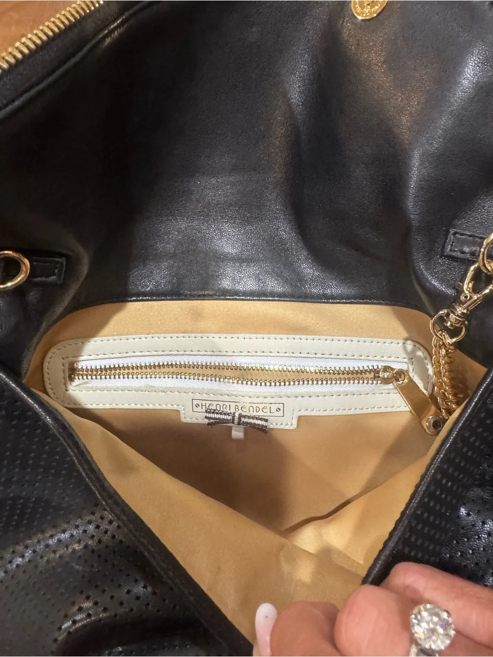 henri bendel Black Perforated Envelope Clutch with Gold Zip Accent